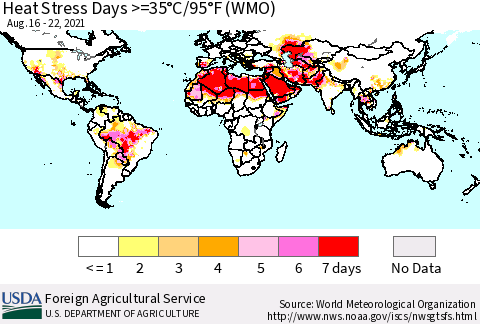 World Heat Stress Days >=35°C/95°F (WMO) Thematic Map For 8/16/2021 - 8/22/2021