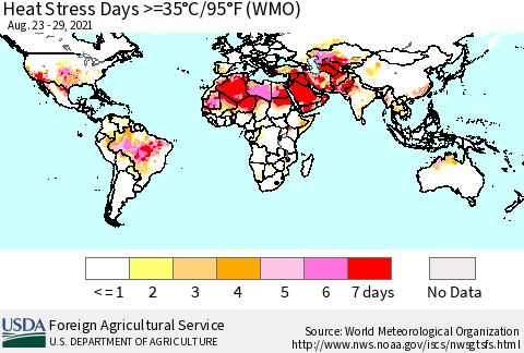 World Heat Stress Days >=35°C/95°F (WMO) Thematic Map For 8/23/2021 - 8/29/2021