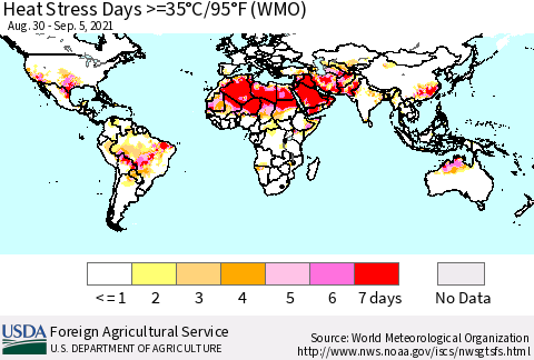 World Heat Stress Days >=35°C/95°F (WMO) Thematic Map For 8/30/2021 - 9/5/2021