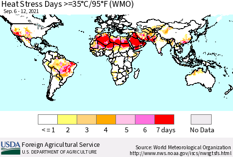 World Heat Stress Days >=35°C/95°F (WMO) Thematic Map For 9/6/2021 - 9/12/2021