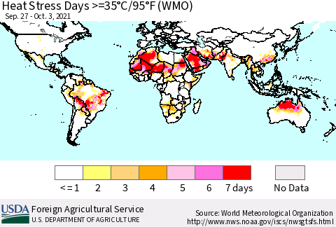 World Heat Stress Days >=35°C/95°F (WMO) Thematic Map For 9/27/2021 - 10/3/2021