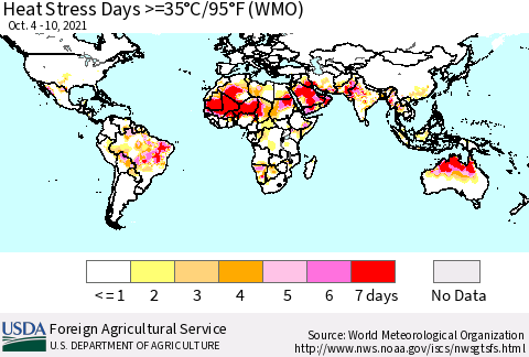 World Heat Stress Days >=35°C/95°F (WMO) Thematic Map For 10/4/2021 - 10/10/2021