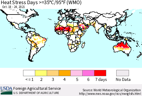 World Heat Stress Days >=35°C/95°F (WMO) Thematic Map For 10/18/2021 - 10/24/2021