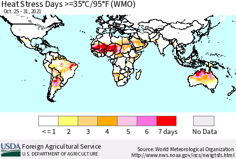 World Heat Stress Days >=35°C/95°F (WMO) Thematic Map For 10/25/2021 - 10/31/2021