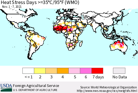 World Heat Stress Days >=35°C/95°F (WMO) Thematic Map For 11/1/2021 - 11/7/2021