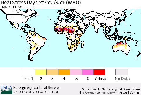 World Heat Stress Days >=35°C/95°F (WMO) Thematic Map For 11/8/2021 - 11/14/2021