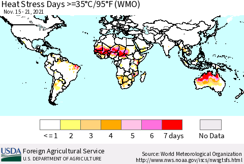 World Heat Stress Days >=35°C/95°F (WMO) Thematic Map For 11/15/2021 - 11/21/2021