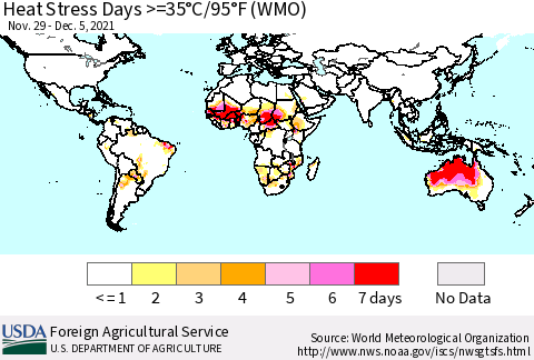 World Heat Stress Days >=35°C/95°F (WMO) Thematic Map For 11/29/2021 - 12/5/2021