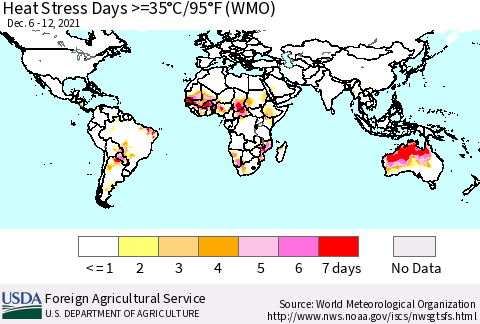 World Heat Stress Days >=35°C/95°F (WMO) Thematic Map For 12/6/2021 - 12/12/2021
