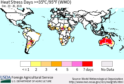 World Heat Stress Days >=35°C/95°F (WMO) Thematic Map For 12/20/2021 - 12/26/2021