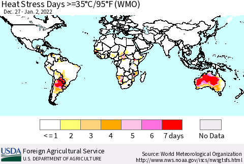World Heat Stress Days >=35°C/95°F (WMO) Thematic Map For 12/27/2021 - 1/2/2022