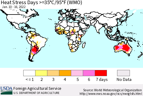 World Heat Stress Days >=35°C/95°F (WMO) Thematic Map For 1/10/2022 - 1/16/2022