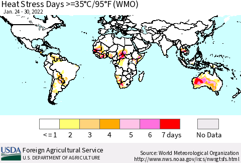 World Heat Stress Days >=35°C/95°F (WMO) Thematic Map For 1/24/2022 - 1/30/2022