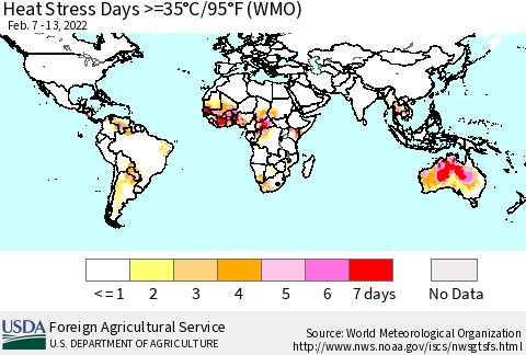 World Heat Stress Days >=35°C/95°F (WMO) Thematic Map For 2/7/2022 - 2/13/2022