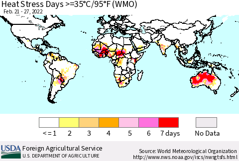 World Heat Stress Days >=35°C/95°F (WMO) Thematic Map For 2/21/2022 - 2/27/2022