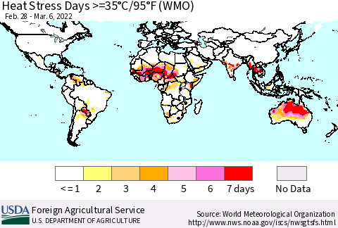 World Heat Stress Days >=35°C/95°F (WMO) Thematic Map For 2/28/2022 - 3/6/2022
