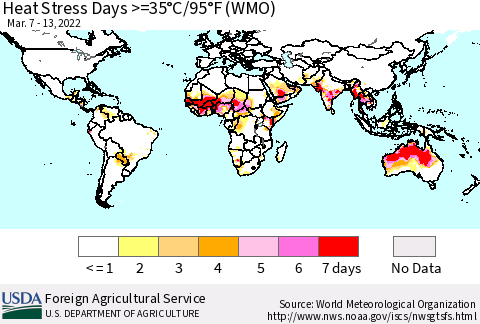 World Heat Stress Days >=35°C/95°F (WMO) Thematic Map For 3/7/2022 - 3/13/2022