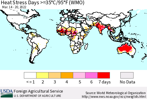 World Heat Stress Days >=35°C/95°F (WMO) Thematic Map For 3/14/2022 - 3/20/2022