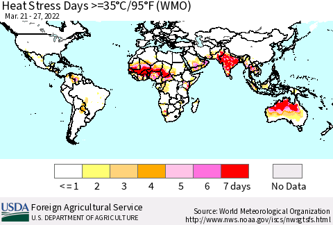 World Heat Stress Days >=35°C/95°F (WMO) Thematic Map For 3/21/2022 - 3/27/2022