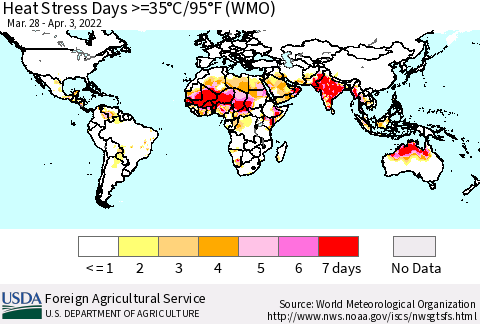 World Heat Stress Days >=35°C/95°F (WMO) Thematic Map For 3/28/2022 - 4/3/2022