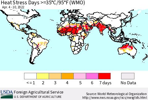 World Heat Stress Days >=35°C/95°F (WMO) Thematic Map For 4/4/2022 - 4/10/2022