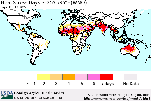 World Heat Stress Days >=35°C/95°F (WMO) Thematic Map For 4/11/2022 - 4/17/2022
