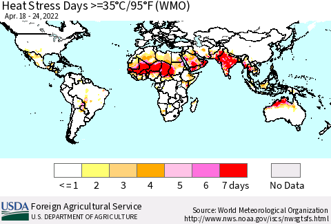 World Heat Stress Days >=35°C/95°F (WMO) Thematic Map For 4/18/2022 - 4/24/2022