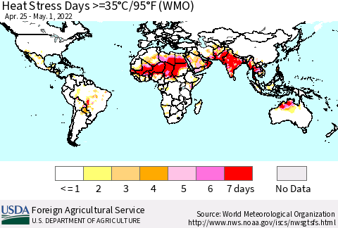 World Heat Stress Days >=35°C/95°F (WMO) Thematic Map For 4/25/2022 - 5/1/2022