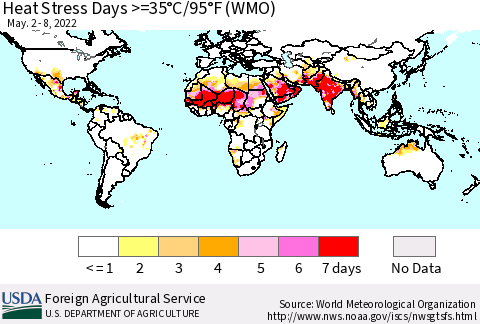 World Heat Stress Days >=35°C/95°F (WMO) Thematic Map For 5/2/2022 - 5/8/2022