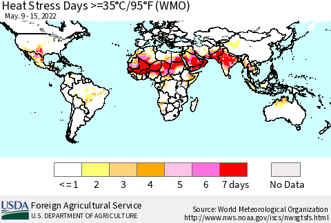 World Heat Stress Days >=35°C/95°F (WMO) Thematic Map For 5/9/2022 - 5/15/2022