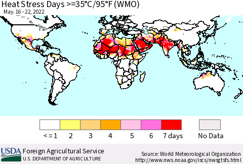 World Heat Stress Days >=35°C/95°F (WMO) Thematic Map For 5/16/2022 - 5/22/2022