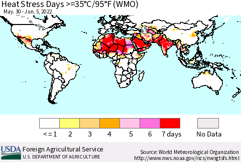 World Heat Stress Days >=35°C/95°F (WMO) Thematic Map For 5/30/2022 - 6/5/2022