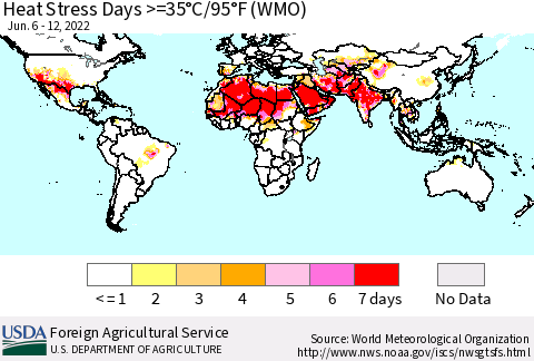 World Heat Stress Days >=35°C/95°F (WMO) Thematic Map For 6/6/2022 - 6/12/2022
