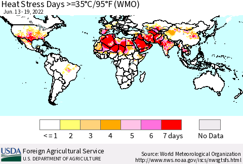 World Heat Stress Days >=35°C/95°F (WMO) Thematic Map For 6/13/2022 - 6/19/2022