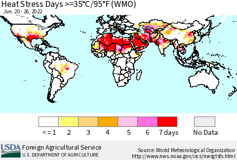 World Heat Stress Days >=35°C/95°F (WMO) Thematic Map For 6/20/2022 - 6/26/2022