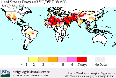 World Heat Stress Days >=35°C/95°F (WMO) Thematic Map For 6/27/2022 - 7/3/2022