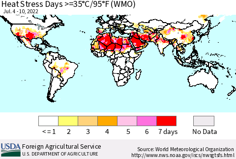 World Heat Stress Days >=35°C/95°F (WMO) Thematic Map For 7/4/2022 - 7/10/2022