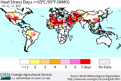 World Heat Stress Days >=35°C/95°F (WMO) Thematic Map For 7/11/2022 - 7/17/2022