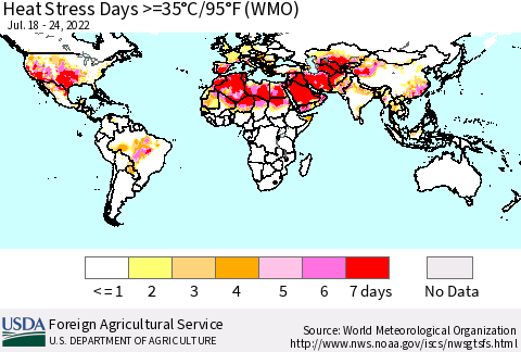 World Heat Stress Days >=35°C/95°F (WMO) Thematic Map For 7/18/2022 - 7/24/2022