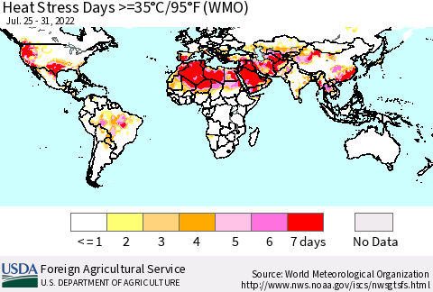 World Heat Stress Days >=35°C/95°F (WMO) Thematic Map For 7/25/2022 - 7/31/2022
