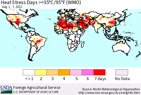 World Heat Stress Days >=35°C/95°F (WMO) Thematic Map For 8/1/2022 - 8/7/2022