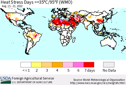 World Heat Stress Days >=35°C/95°F (WMO) Thematic Map For 8/15/2022 - 8/21/2022
