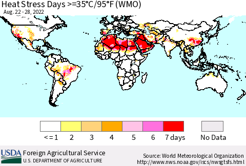 World Heat Stress Days >=35°C/95°F (WMO) Thematic Map For 8/22/2022 - 8/28/2022