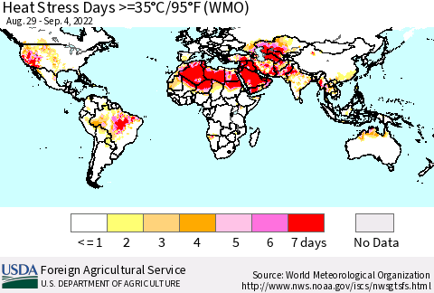 World Heat Stress Days >=35°C/95°F (WMO) Thematic Map For 8/29/2022 - 9/4/2022
