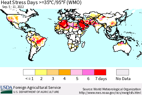 World Heat Stress Days >=35°C/95°F (WMO) Thematic Map For 9/5/2022 - 9/11/2022