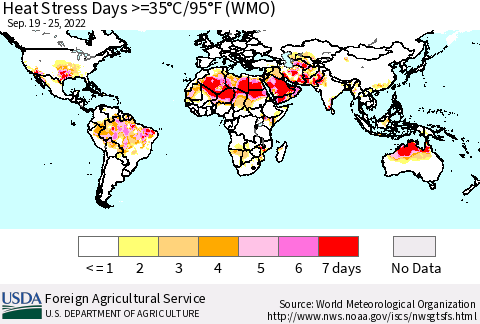 World Heat Stress Days >=35°C/95°F (WMO) Thematic Map For 9/19/2022 - 9/25/2022