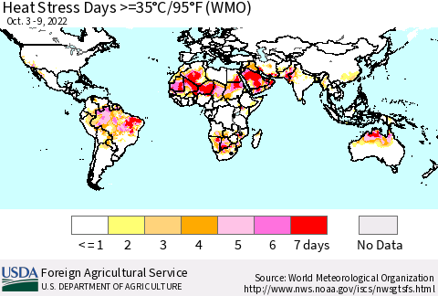 World Heat Stress Days >=35°C/95°F (WMO) Thematic Map For 10/3/2022 - 10/9/2022