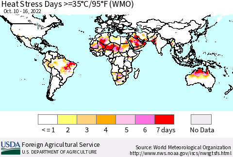 World Heat Stress Days >=35°C/95°F (WMO) Thematic Map For 10/10/2022 - 10/16/2022