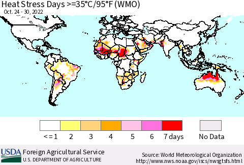 World Heat Stress Days >=35°C/95°F (WMO) Thematic Map For 10/24/2022 - 10/30/2022