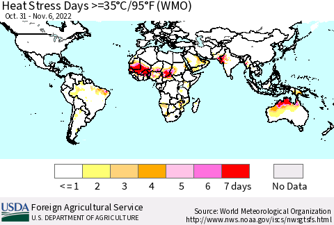 World Heat Stress Days >=35°C/95°F (WMO) Thematic Map For 10/31/2022 - 11/6/2022